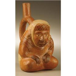 Moche Stirrup Spout Ceramic Vessel, Seated Figur 
