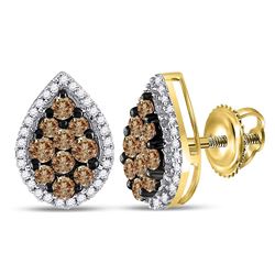 1 CTW Round Brown Diamond Teardrop Cluster Earrings 10kt Yellow Gold - REF-33M6A