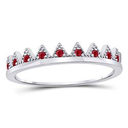 1/10 CTW Round Ruby Beaded Chevron Stackable Ring 10kt White Gold - REF-9M6A
