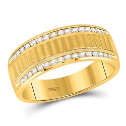 1/3 CTW Mens Round Diamond Double Row Matte Textured Wedding Ring 14kt Yellow Gold - REF-60M3A