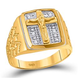 1/20 CTW Mens Round Diamond Crucifix Jesus Cross Ring 10kt Yellow Gold - REF-27M5A