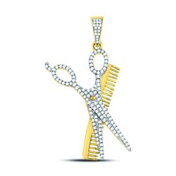 3/4 CTW Mens Round Diamond Scissors Comb Barber Charm Pendant 10kt Yellow Gold - REF-35H9W