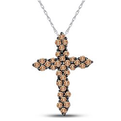 1/2 CTW Round Brown Diamond Cross Pendant 10kt White Gold - REF-16M8A