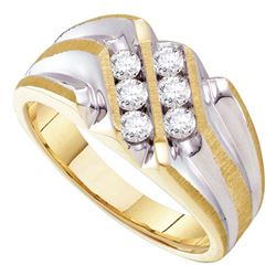 1/2 CTW Mens Round Diamond Double Row Two-tone Ridged Ring 10kt Yellow Gold - REF-45A6N