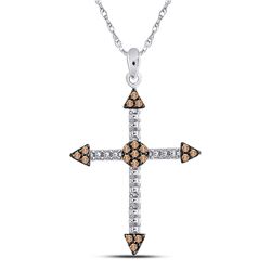1/6 CTW Round Brown Diamond Cross Beaded Pendant 10kt White Gold - REF-9A6N
