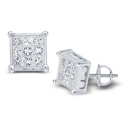 1/2 CTW Princess Diamond Cluster Stud Earrings 14kt White Gold - REF-33W3F