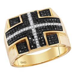 5/8 CTW Mens Round Black Color Enhanced Diamond Cross Stripe Square Cluster Ring 10kt Yellow Gold - 