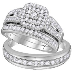 1 & 1/5 CTW His & Hers Round Diamond Cluster Matching Bridal Wedding Ring 10kt White Gold - REF-69H6