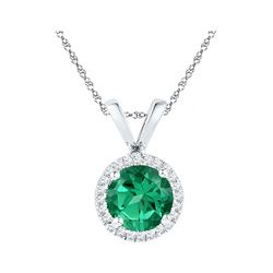 7/8 CTW Lab-Created Emerald Solitaire & Diamond Halo Pendant 10kt White Gold - REF-9H6W
