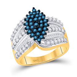 1 CTW Round Blue Color Enhanced Diamond Elevated Oval Cluster Ring 10kt Yellow Gold - REF-51K5R