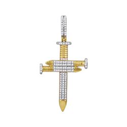 3/4 CTW Mens Round Diamond 3 Nail Cross Charm Pendant 10kt Yellow Gold - REF-57N3Y
