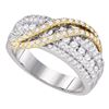 Image 1 : 1 CTW Round Diamond Yellow-tone Crossover Stripe Ring 10kt White Gold - REF-71X9T