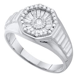 1/2 CTW Mens Round Diamond Concave Cluster Ribbed Ring 14kt White Gold - REF-60K3R