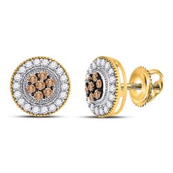 5/8 CTW Round Brown Diamond Cluster Screwback Earrings 10kt Yellow Gold - REF-26N3Y