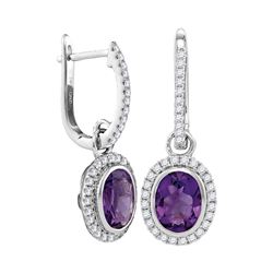 2 & 3/8 CTW Round Natural Amethyst Diamond Oval Dangle Earrings 14kt White Gold - REF-83Y9X