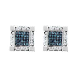 3/4 CTW Mens Round Blue Color Enhanced Diamond 3D Cube Square Earrings 10kt White Gold - REF-39X6T