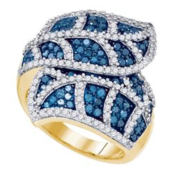 2 CTW Round Blue Color Enhanced Diamond Leaf Flower Stripe Fashion Ring 10kt Yellow Gold - REF-77A9N