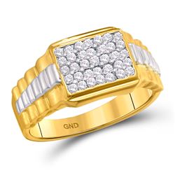 1/2 CTW Mens Round Diamond Rectangle Cluster Ribbed Two-tone Ring 10kt Yellow Gold - REF-33N3Y