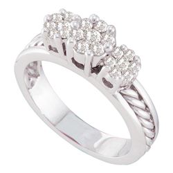 1/2 CTW Round Diamond Triple Flower Cluster Rope Ring 14kt White Gold - REF-57T5K