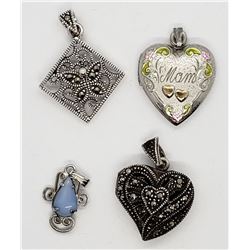 4-STERLING PENDANTS: (1)MARCASITE HEART LOCKET