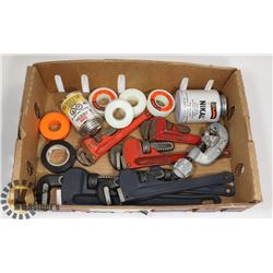 BOX OF PLUMBING TOOLS AND MATERIAL