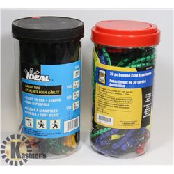TUB OF BUNGEE CORDS AND TUB OF CABLE TIES