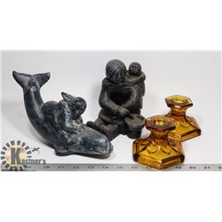 LOT OF 2  AMBER GLASS CANDLESTICK HOLDERS PLUS