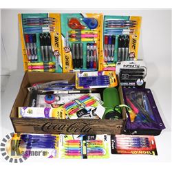 FLAT OF NEW SCHOOL SUPPLIES, PENS, HIGHLIGHTERS