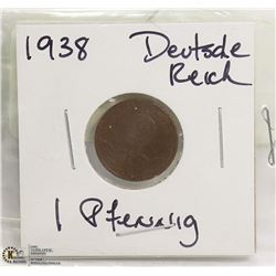 1938 DEUTSCHE REICH 1 PFENNIG COPPER NAZI COIN