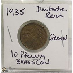 1935 DEUTSCHE REICH 10 PFENNIG BRASS NAZI COIN