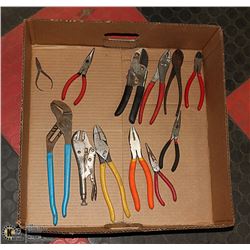 LARGE BOX WITH VARIOUS PLIERS, SNIPS,