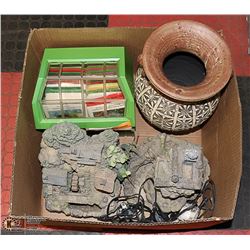 LARGE BOX OF PATIO/GARDEN DECOR AND