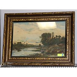 ANTIQUE PAINTING OF A EUROPEAN CANAL 30 X 22"