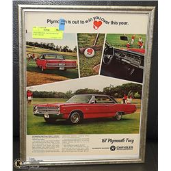 11X14 ORIGINAL 1967 PLYMOUTH FURY CAR AD