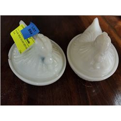 PAIR MILK GLASS HEN ON NEST 5" EA