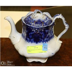 LARGE ANTIQUE FLOW BLUE TEAPOT