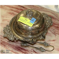 FANCY SILVERPLATE CHEESE KEEP W/TONGS AND GLASS