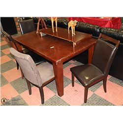 WOODEN TABLE WITH 5 MISMATCHED CHAIRS