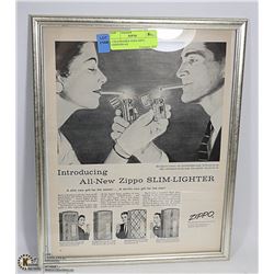 11X14 FRAMED 1950'S ZIPPO LIGHTERS AD