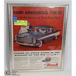 11X14 ORIGINAL FRAMED 1957 NASH V8 CAR AD