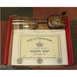 VINTAGE STYLE SOAP AD,FLOUR JAR + METAL CHICKEN