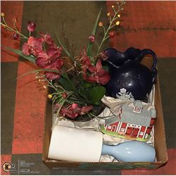 BOX WITH LARGE DECORATIVE BLUE PITCHER,