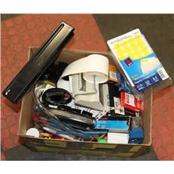 BOX OF OFFICE SUPPLIES & PRICING GUNS