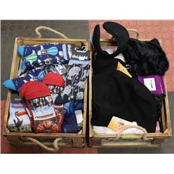 2 WOODEN CRATES WITH GOODLUCK SCARVES, SOCKS &