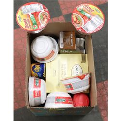 BOX OF NEW COFFEE, TEA, NOODLE BOWLS & KD