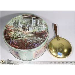 DECORATIVE TIN SOLD WITH VINTAGE BRASS LIDDED PAN