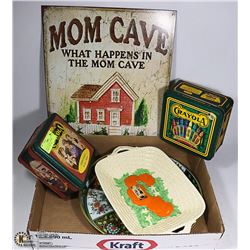 MOM CAVE SIGN, 1930 DISH, ANTIQUE TRAY AND