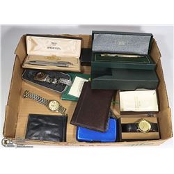 BOX OF VINTAGE WATCHES , PENS AND MORE