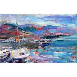 "Yachts. Pink evening" oil in impressionism #1027511