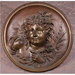 BRONZE Relief Medallion Lady w/Flowers ANTIQUE #1045761